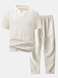 Relax Fit Striped Open Knit Polo & Straight Leg Linen Pants