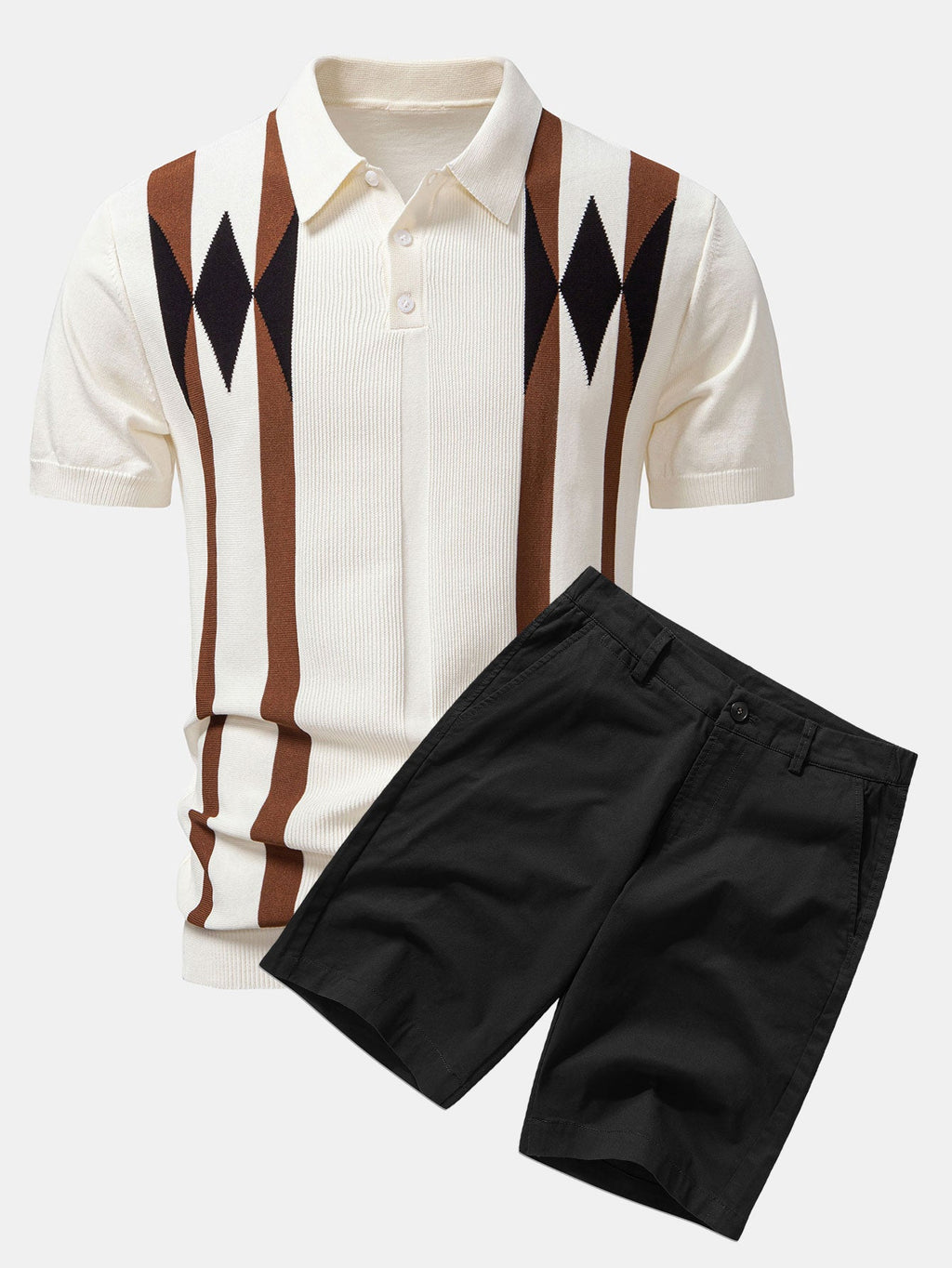 Stripe Geometric Jacquard Knitted Polo Shirt & Cotton Chino Shorts