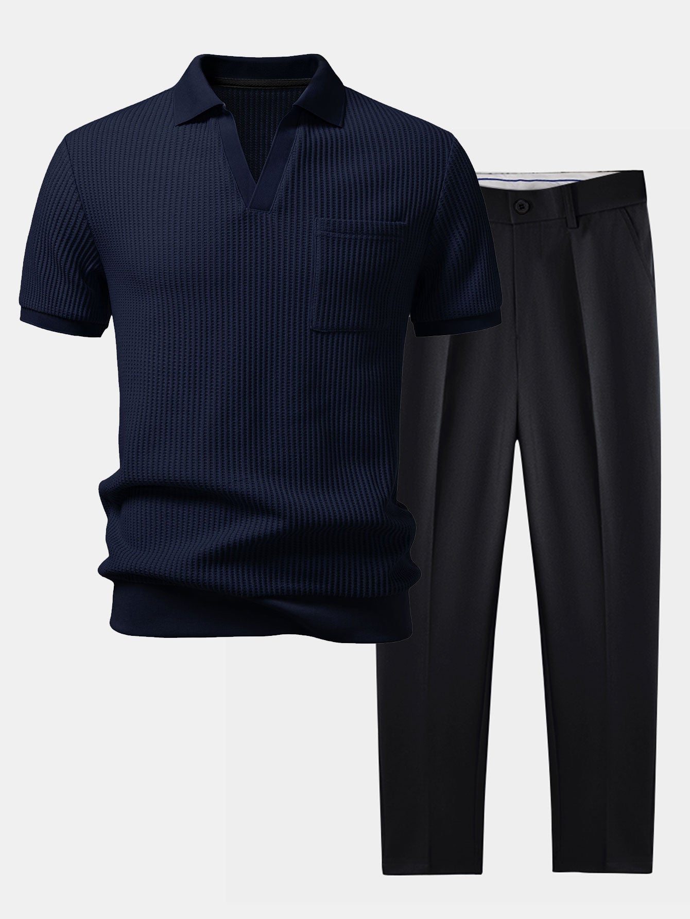 Waffle Johnny Collar Polo With Pocket & Slim Fit Tapered Trousers