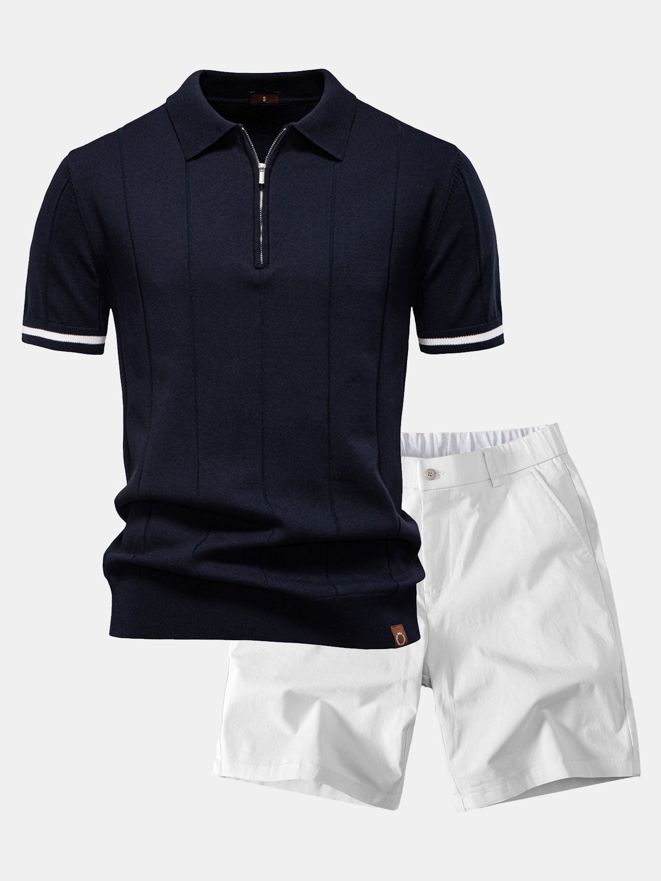 Contrast Trim Zipper Knit Polo Shirt & Elastic Waist Chino Shorts