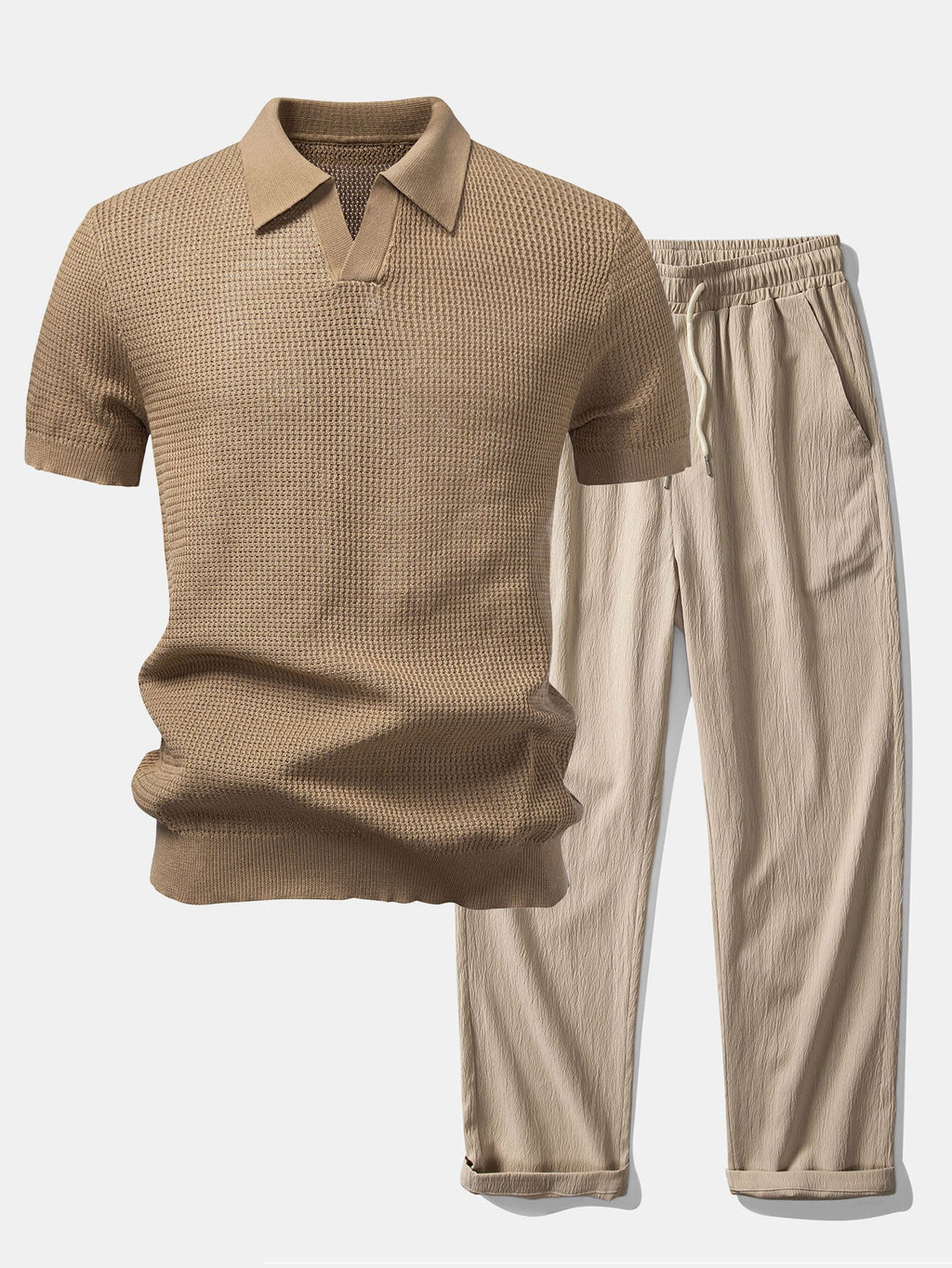 Textured Johnny Collar Crocheted Knit Polo & Crinkle Textured Straight Leg Pants