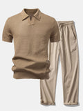 Textured Johnny Collar Crocheted Knit Polo & Crinkle Textured Straight Leg Pants