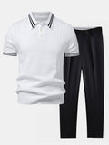 Contrast Trim Twisted Jacquard Knit Polo & Slim Fit Tapered Trousers