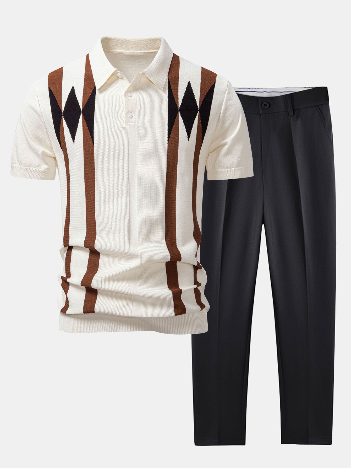 Stripe Geometric Jacquard Knitted Polo Shirt & Slim Fit Tapered Trousers