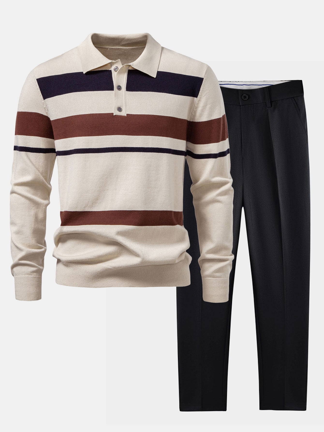 Long Sleeve Stripe Knit Polo Shirt & Slim Fit Tapered Trousers