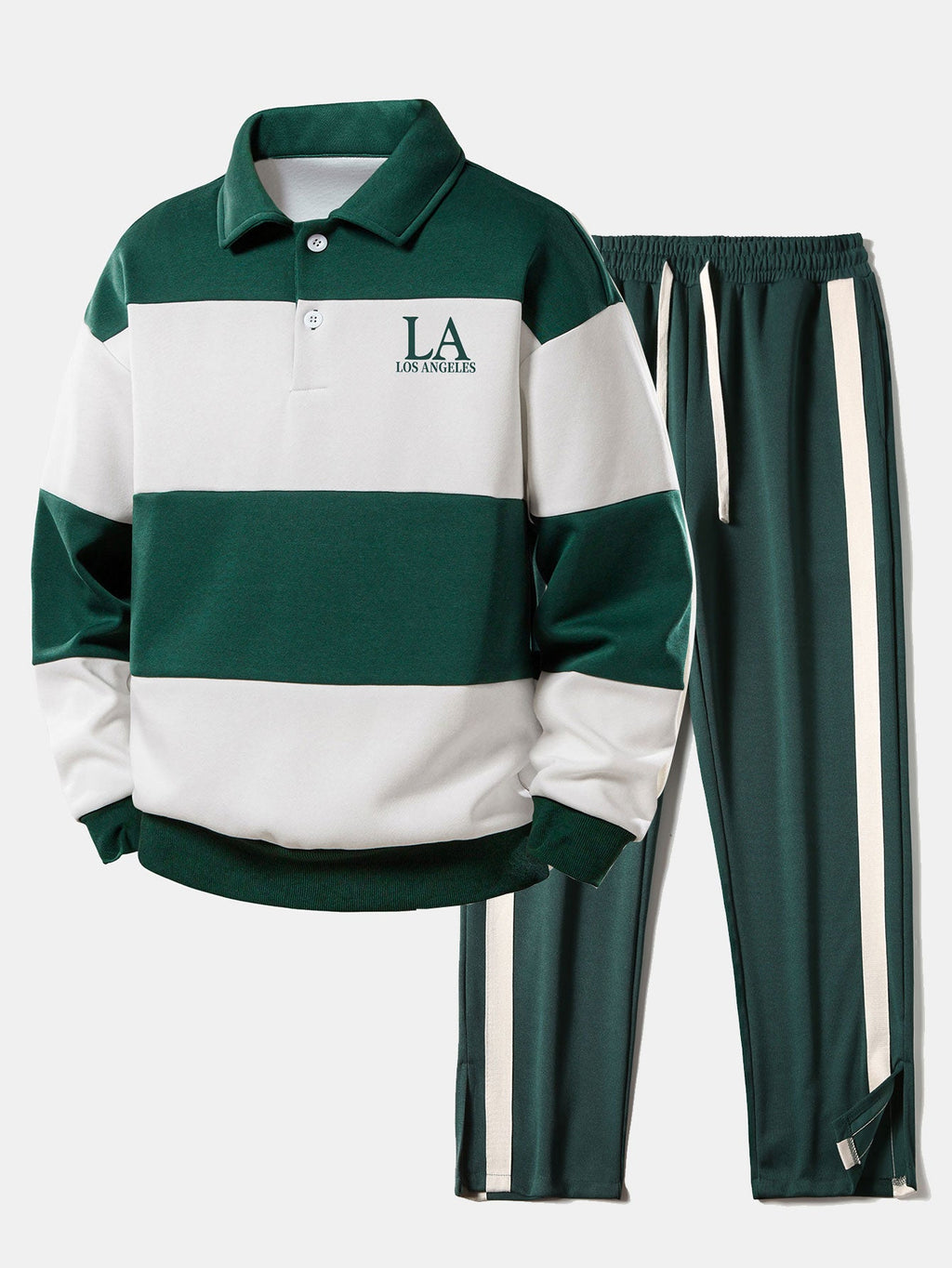 Relax Fit Los Angeles Print Color Block Polo Sweatshirt & Slit Hem Stripe Pants