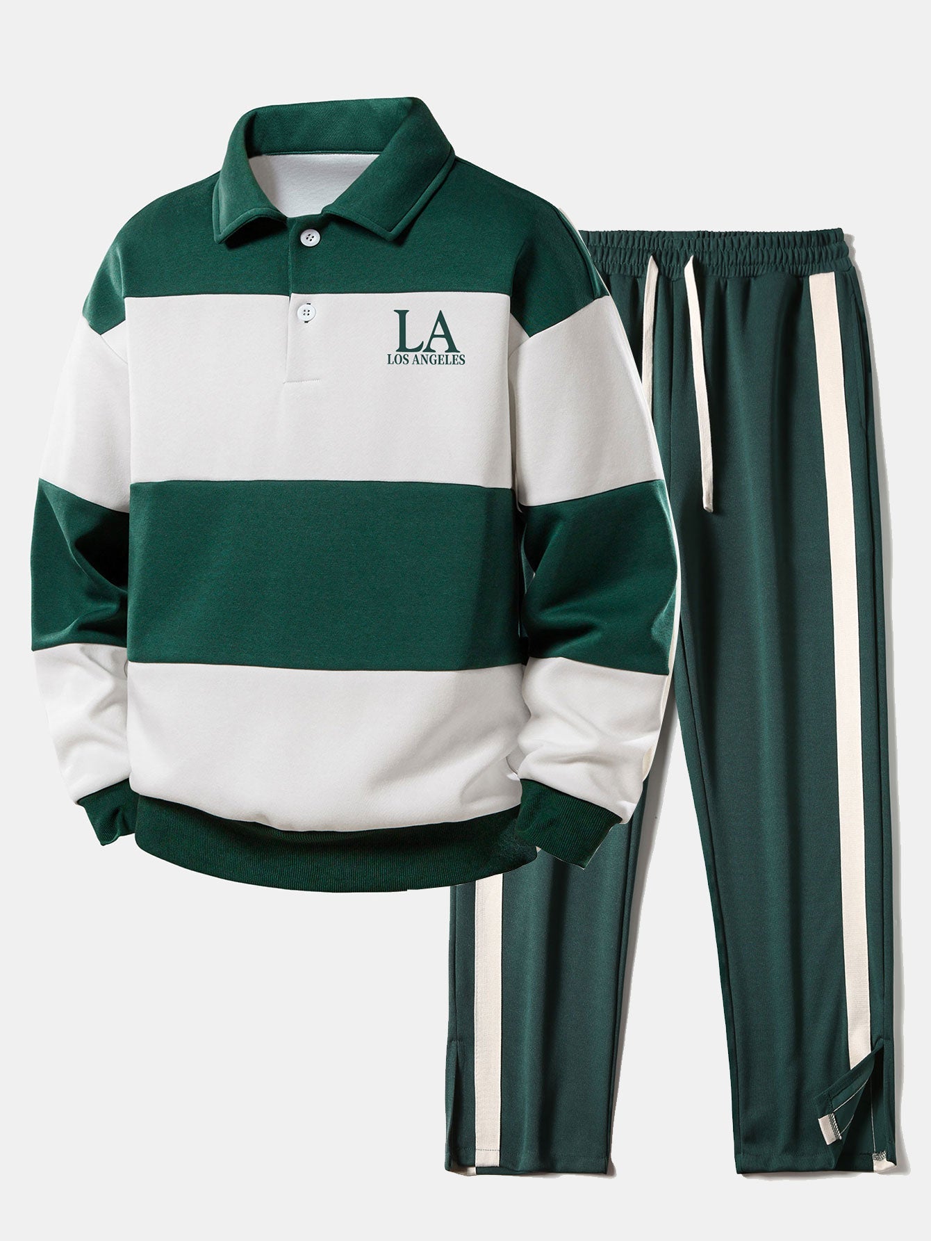 Relax Fit Los Angeles Print Color Block Polo Sweatshirt & Slit Hem Stripe Pants