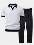 Contrast Trim Ribbed Johnny Collar Knit Polo & Slim Fit Tapered Trousers