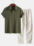 Short Sleeved Waffle Polo & Straight Leg Linen Pants