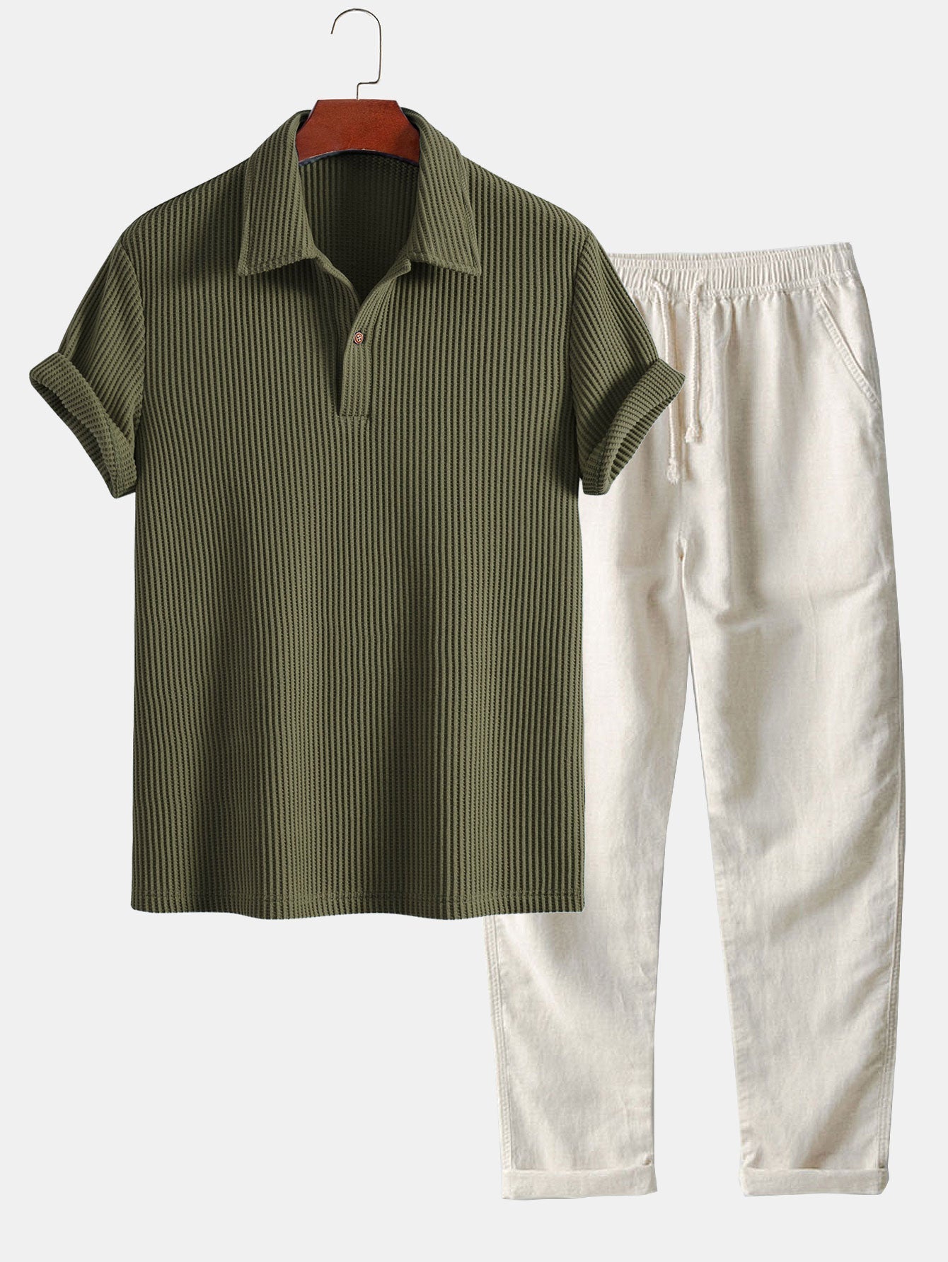 Short Sleeved Waffle Polo & Straight Leg Linen Pants