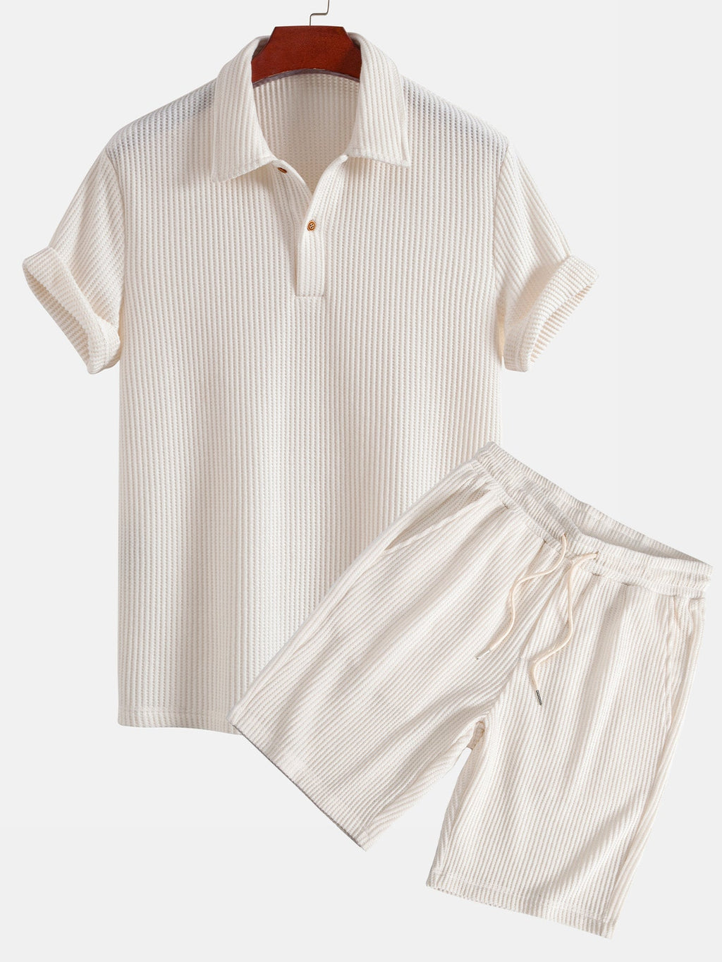 Short Sleeved Waffle Polo & Drawstring Knitted Waffle Shorts