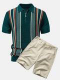 Stripe Knit Zip Up Polo Shirt & Cotton Chino Shorts