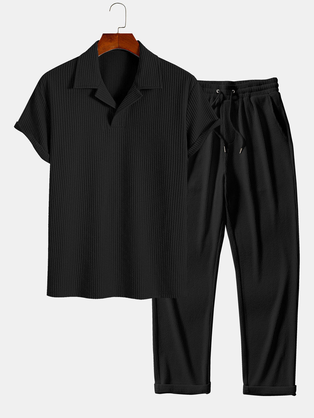 Ribbed Cuban Collar Polo & Straight Leg Ribbed Pants