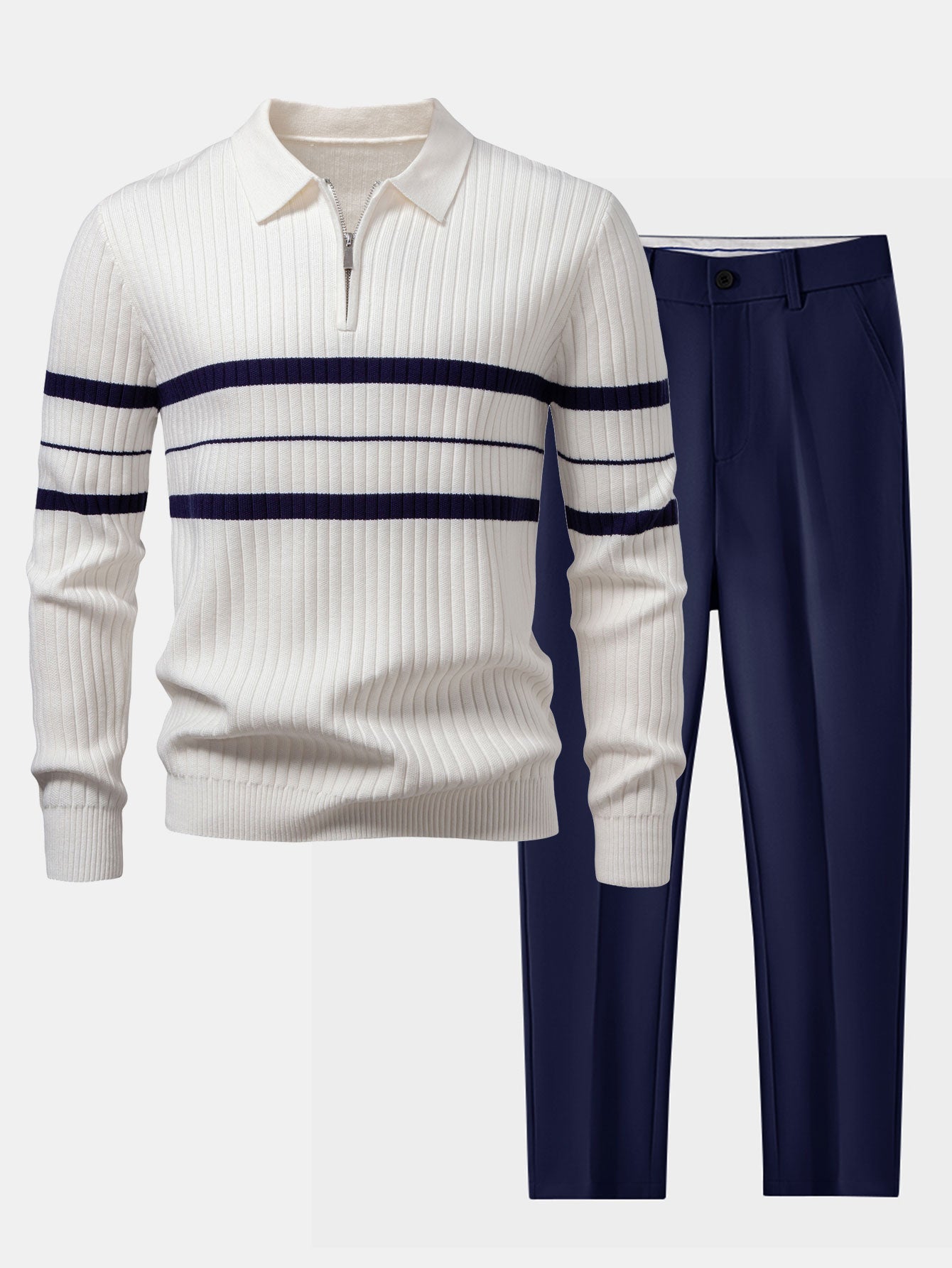 Stripe Zip Knit Ribbed Polo Shirt & Slim Fit Tapered Trousers