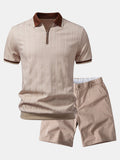 Contrast Trim Textured Zipper Knit Polo & Elastic Waist Chino Shorts