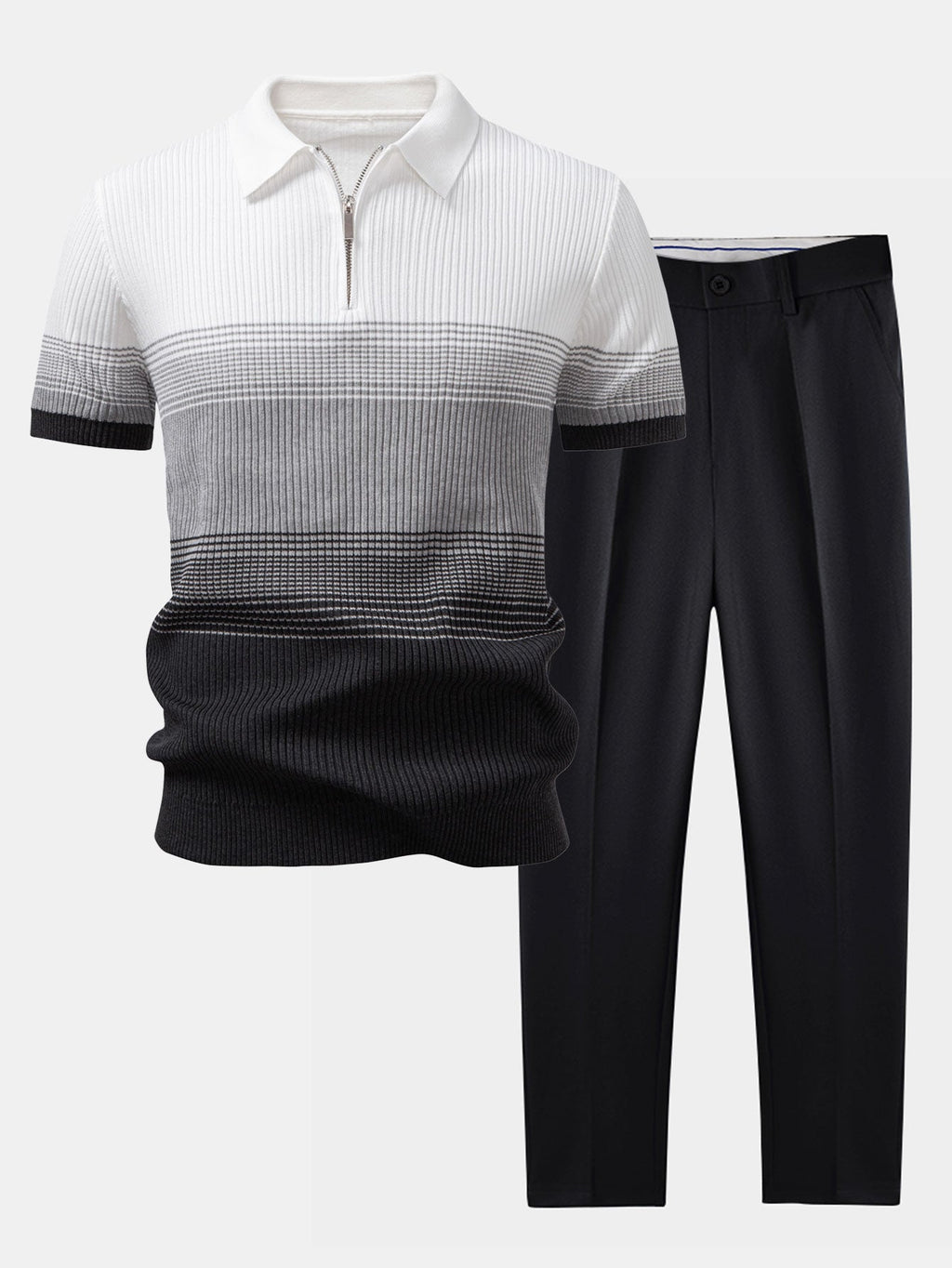 Striped Gradient Knitted Polo Shirt & Slim Fit Tapered Trousers