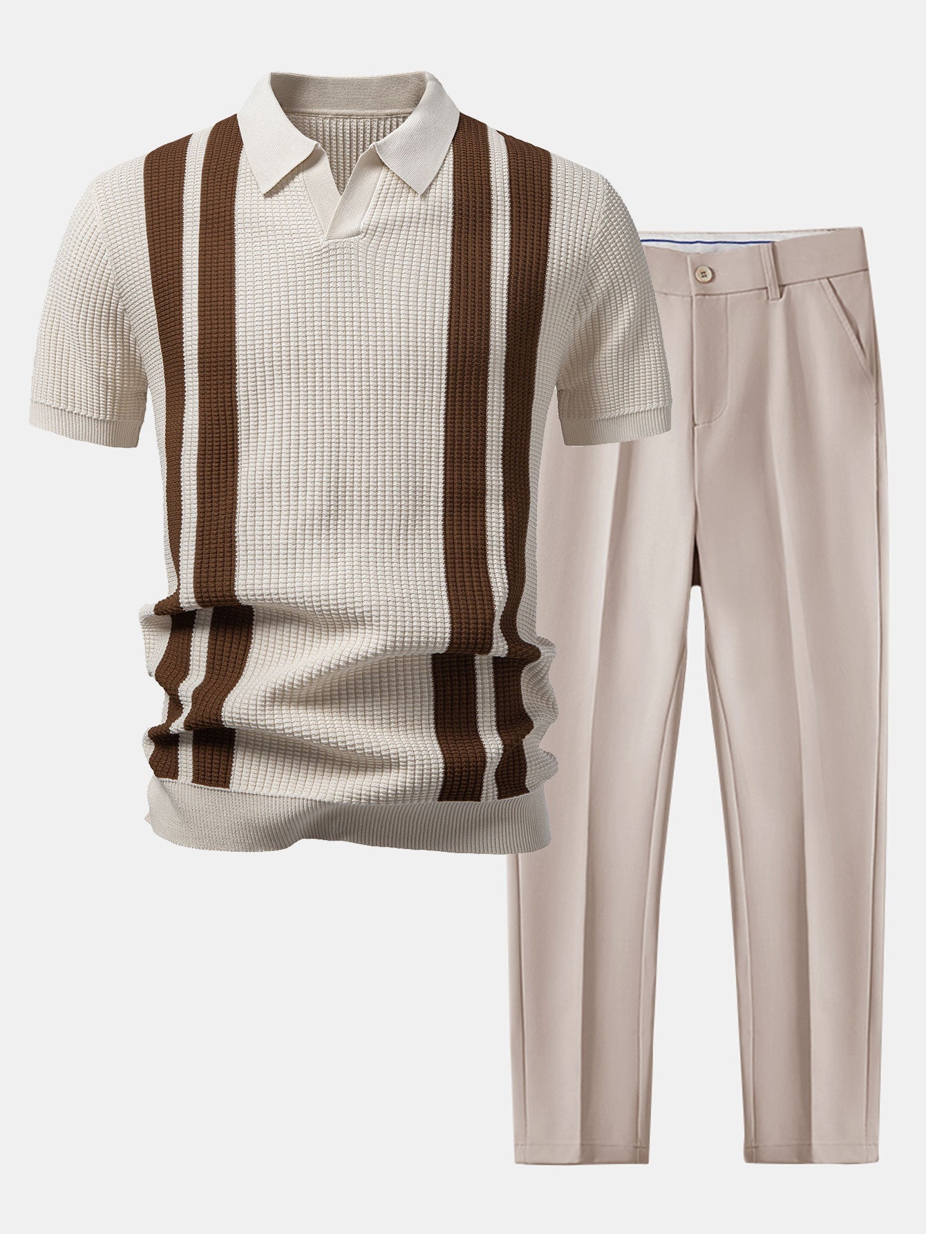 Stripe Johnny Collar Knit Polo & Slim Fit Tapered Trousers