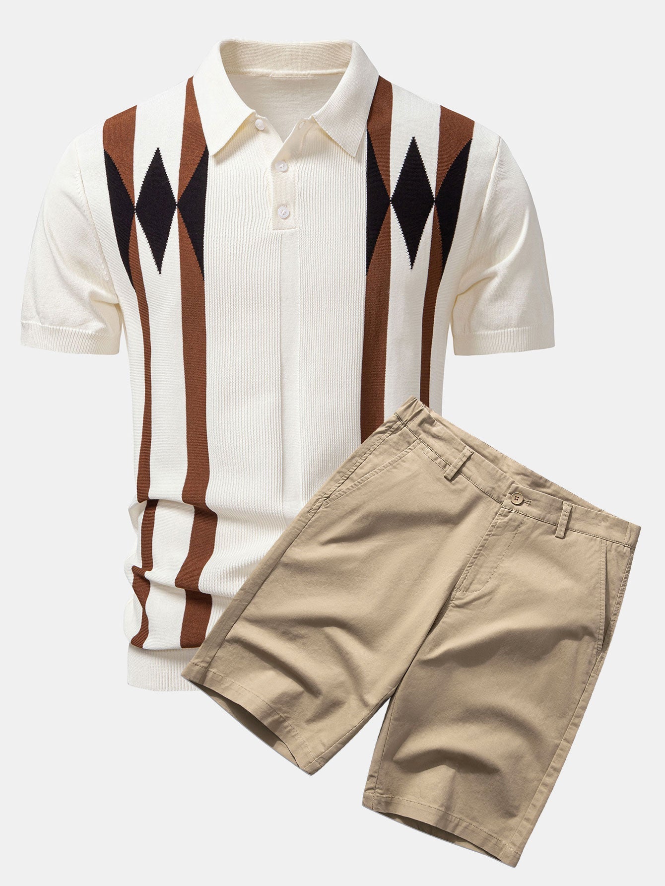 Stripe Geometric Jacquard Knitted Polo Shirt & Cotton Chino Shorts