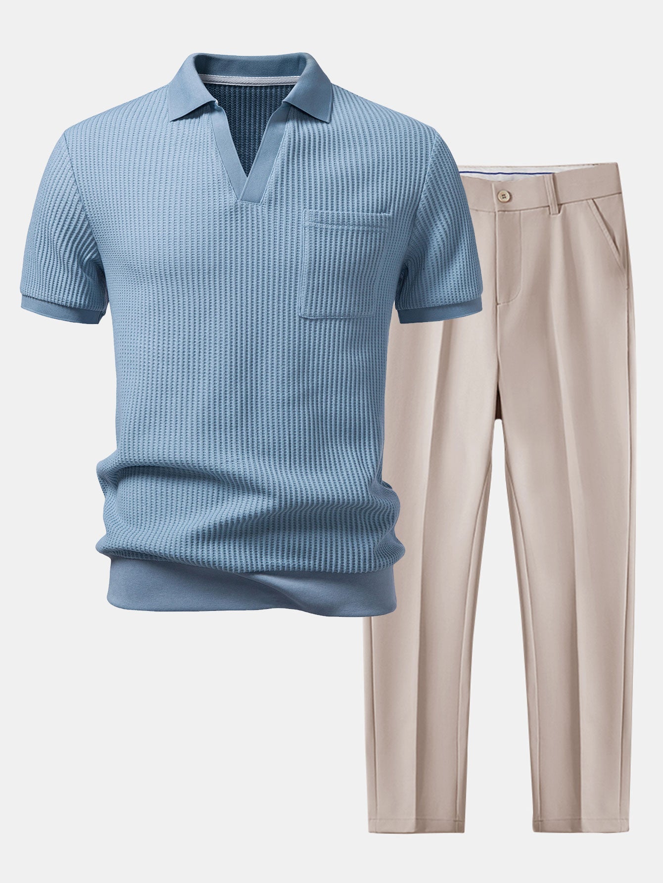 Waffle Johnny Collar Polo With Pocket & Slim Fit Tapered Trousers