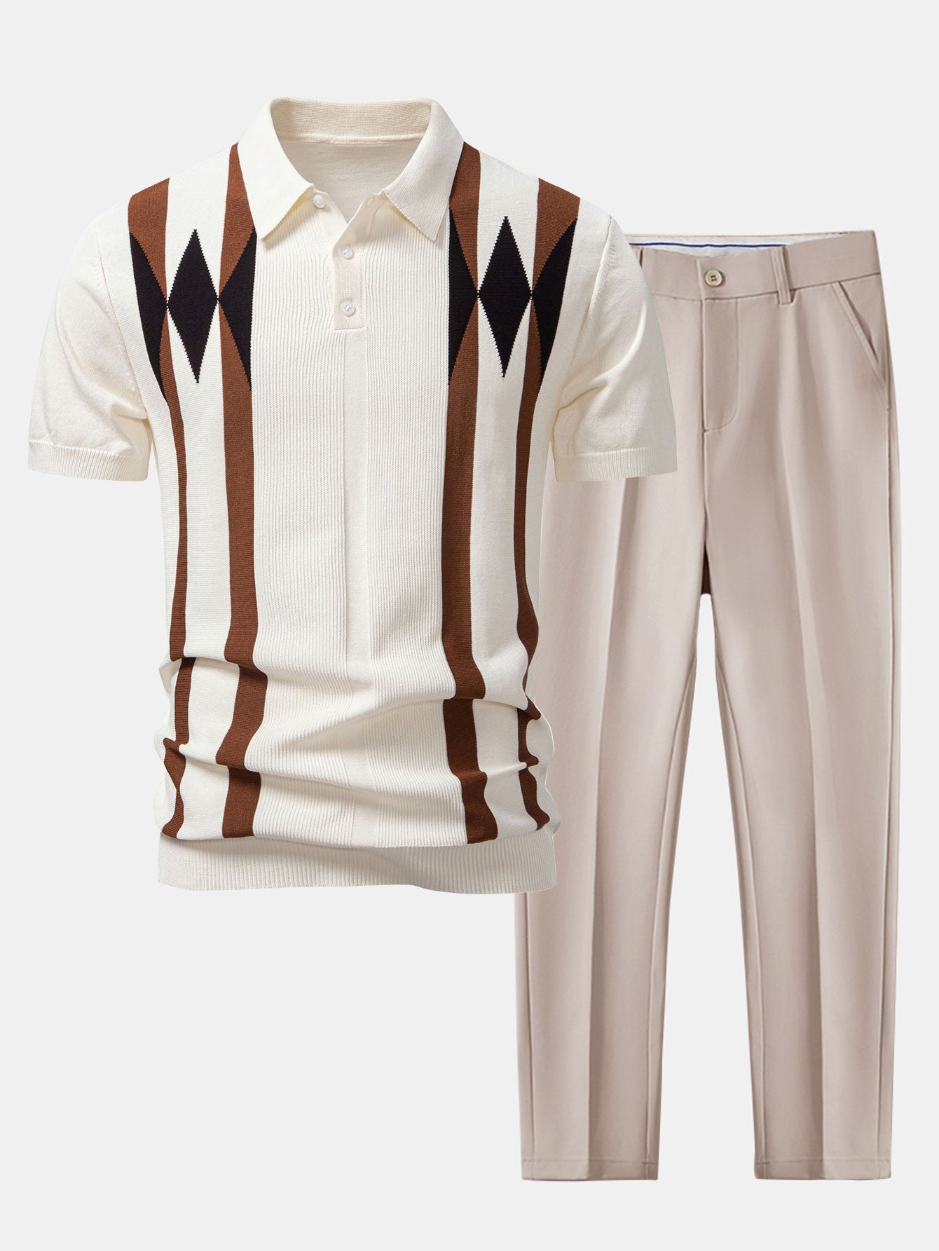 Stripe Geometric Jacquard Knitted Polo Shirt & Slim Fit Tapered Trousers