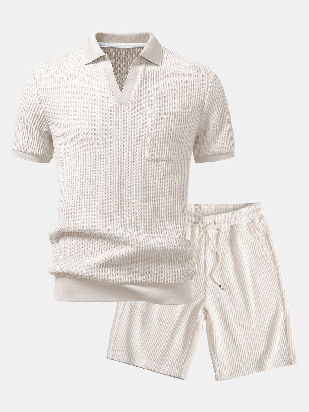 Waffle Johnny Collar Polo With Pocket & Drawstring Knitted Waffle Shorts