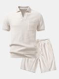 Waffle Johnny Collar Polo With Pocket & Drawstring Knitted Waffle Shorts