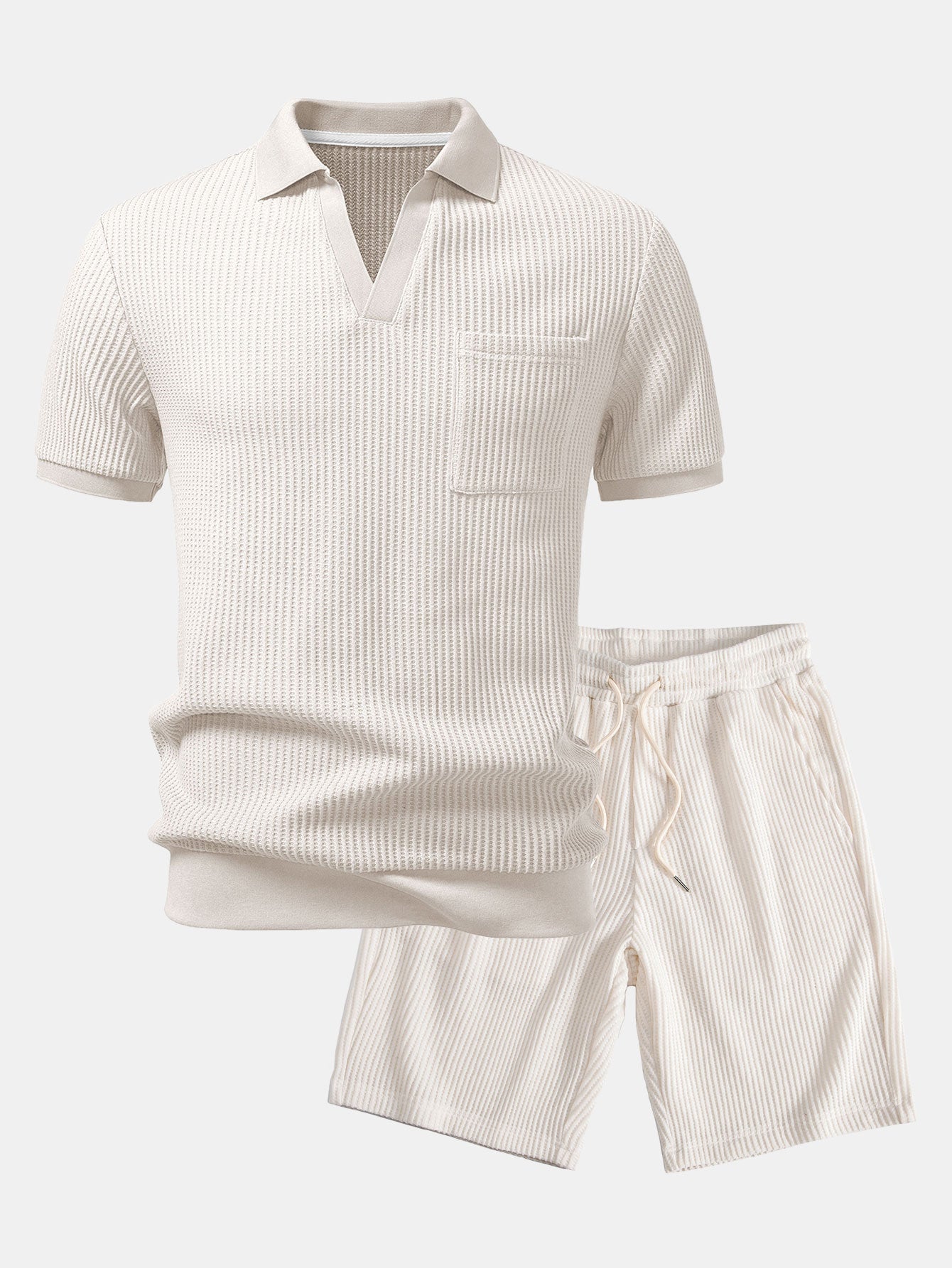Waffle Johnny Collar Polo With Pocket & Drawstring Knitted Waffle Shorts