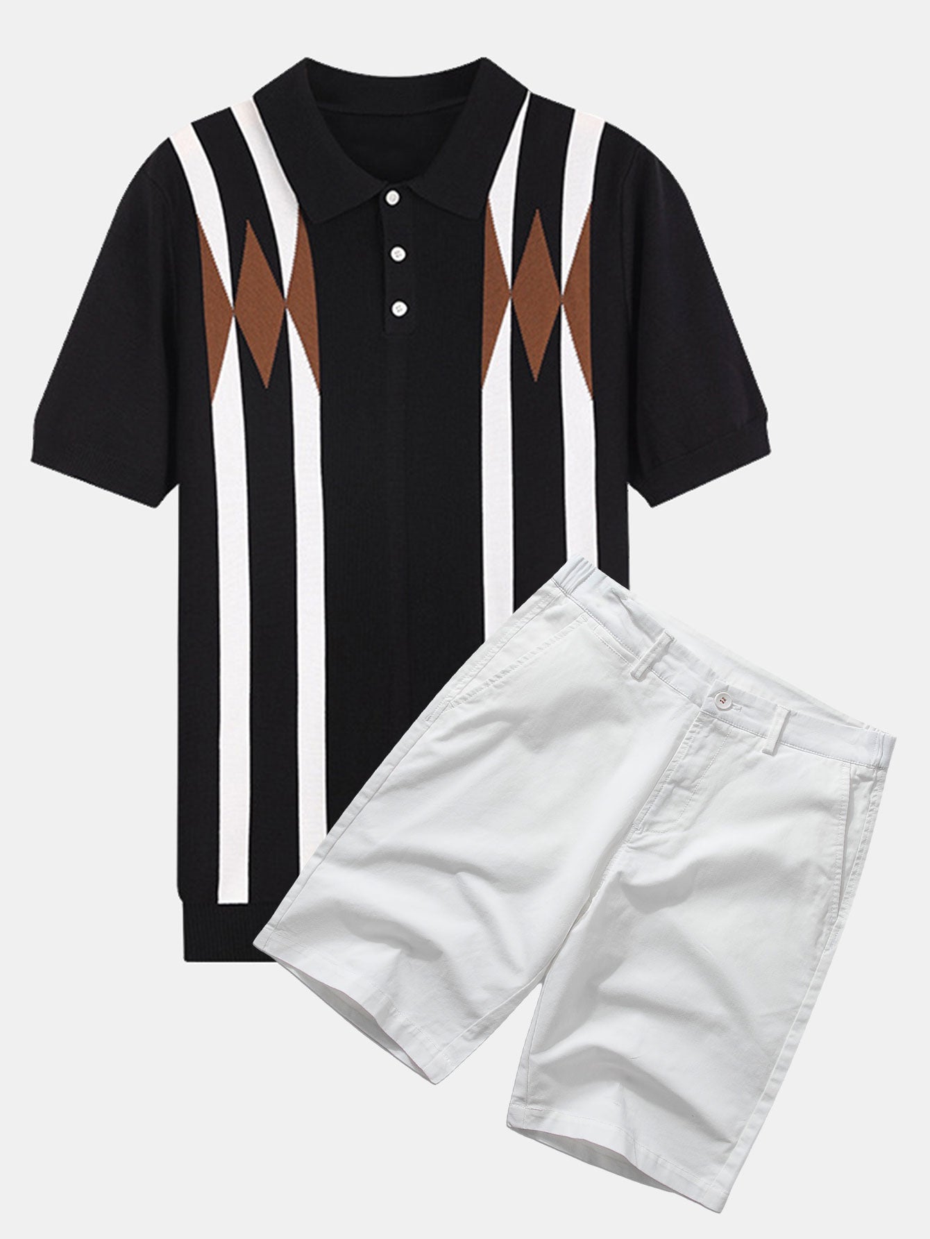 Stripe Geometric Jacquard Knitted Polo Shirt & Cotton Chino Shorts