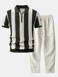 Stripe Zipper Open Knit Polo & Straight Leg Linen Pants