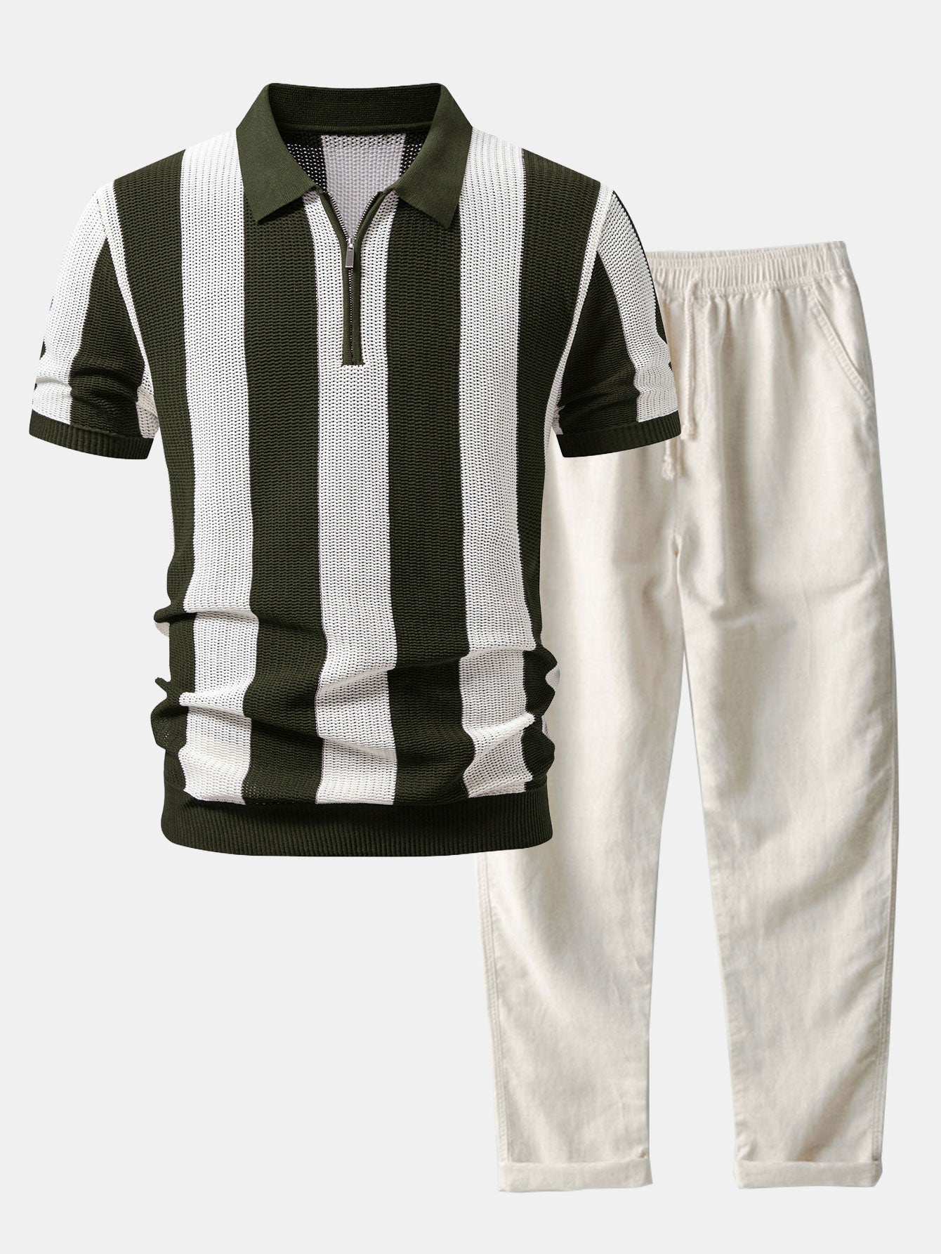 Stripe Zipper Open Knit Polo & Straight Leg Linen Pants