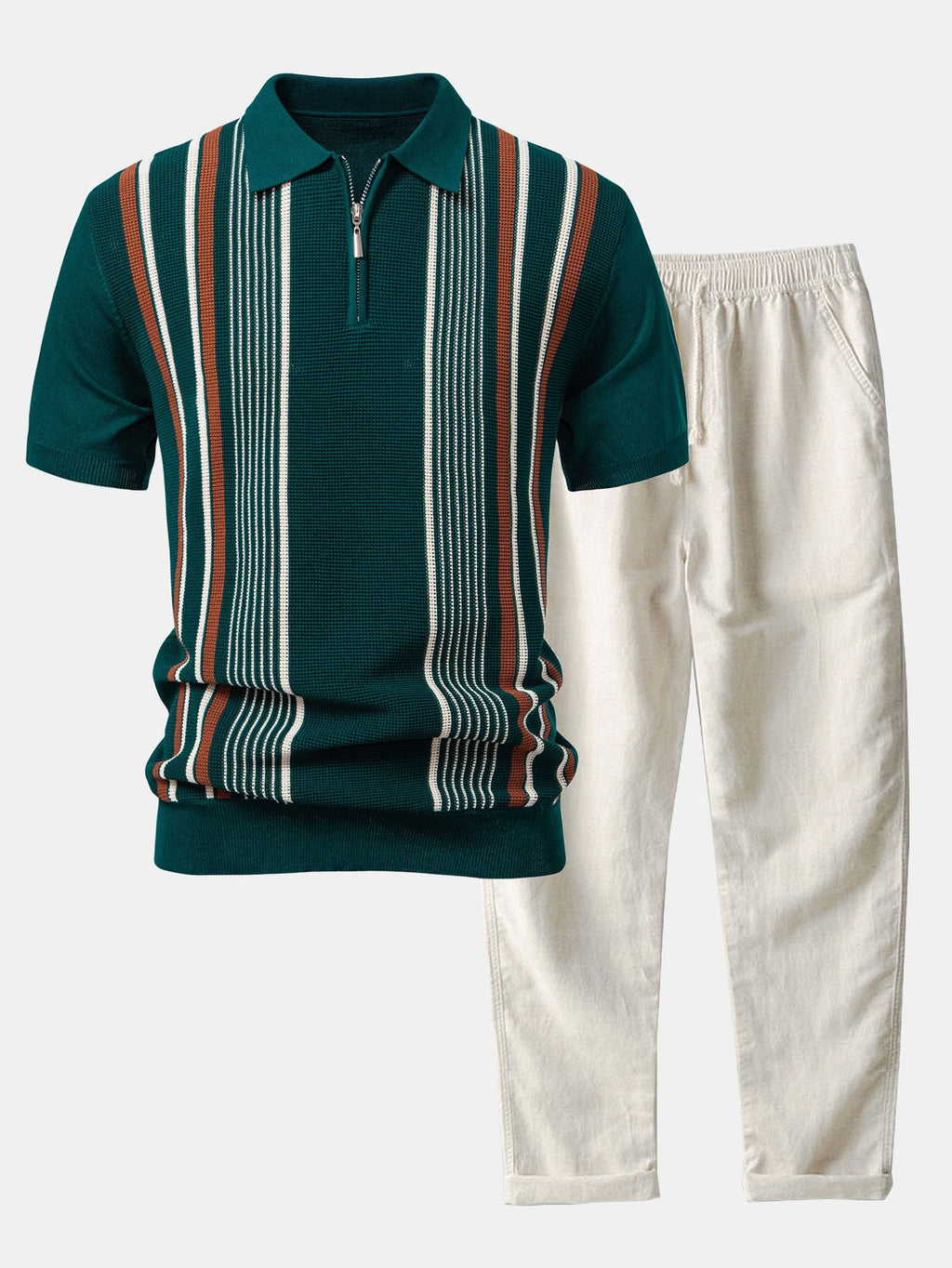 Stripe Knit Zip Up Polo Shirt & Straight Leg Linen Pants