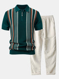 Stripe Knit Zip Up Polo Shirt & Straight Leg Linen Pants