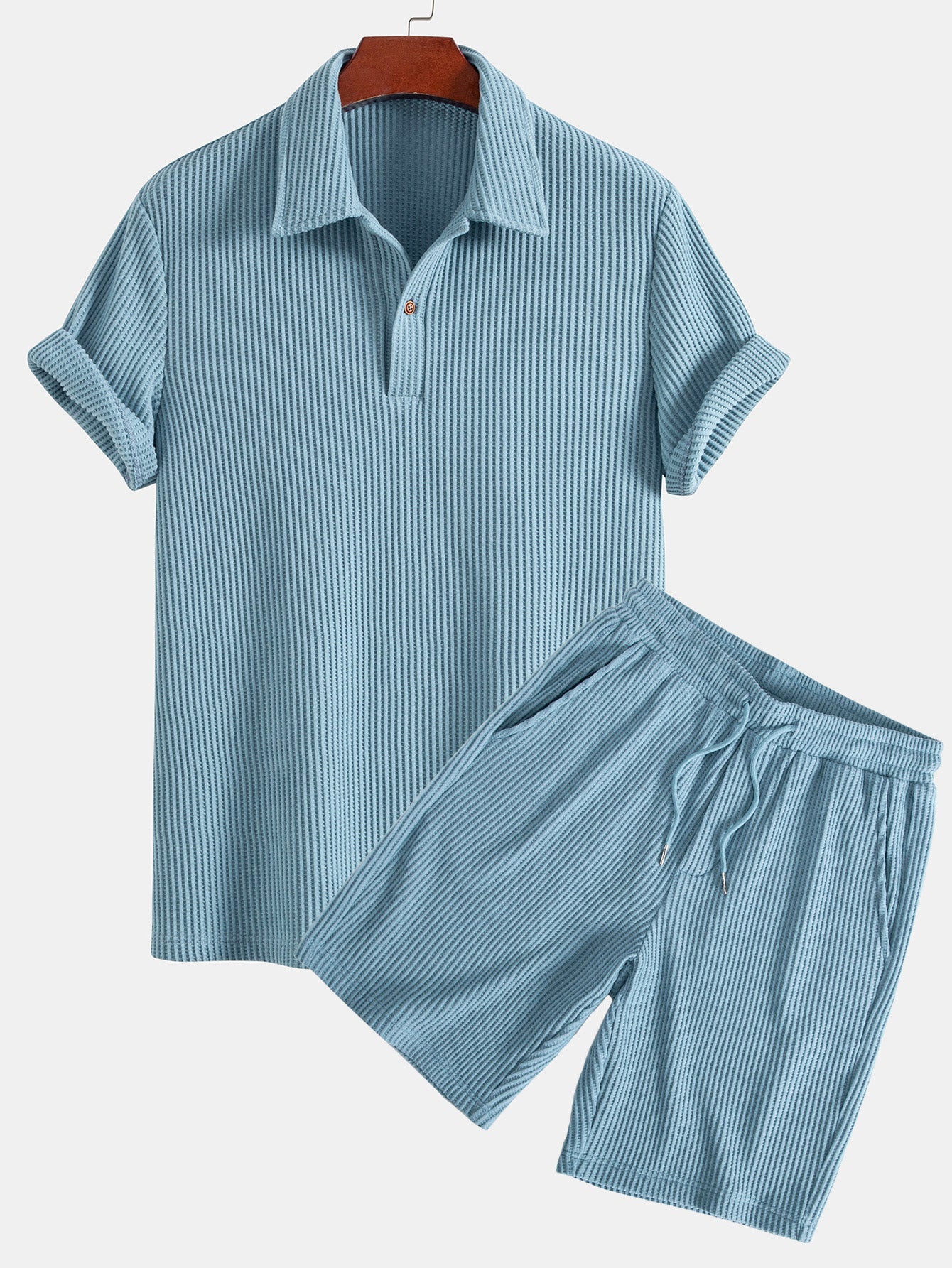 Short Sleeved Waffle Polo & Drawstring Knitted Waffle Shorts