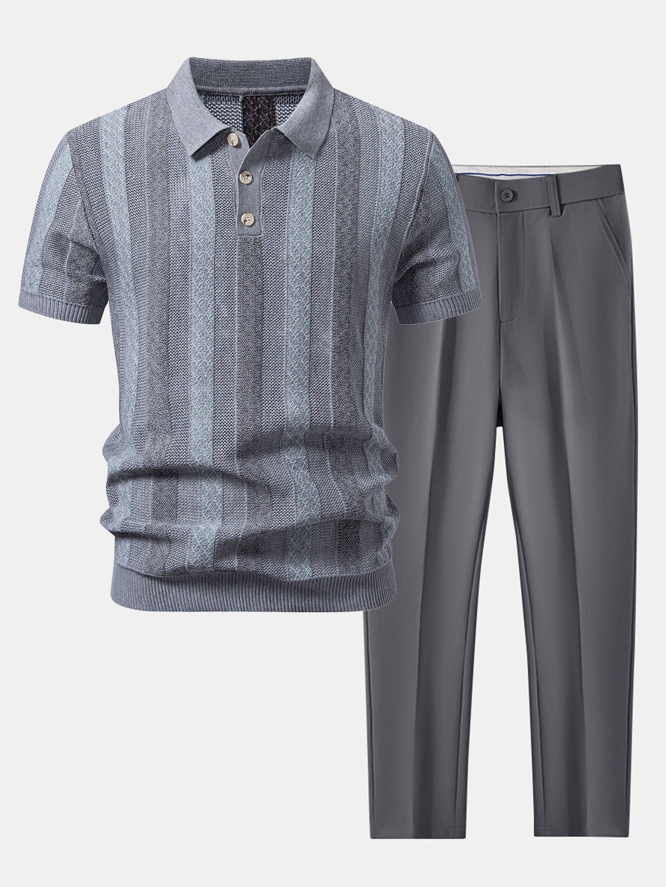 Striped Textured Knit Polo & Slim Fit Tapered Trousers