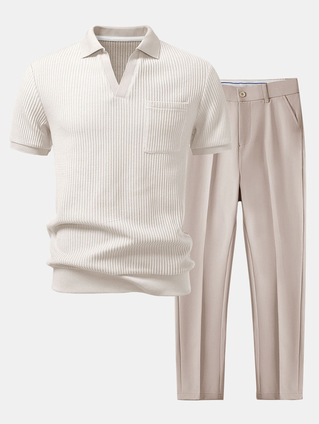 Waffle Johnny Collar Polo With Pocket & Slim Fit Tapered Trousers