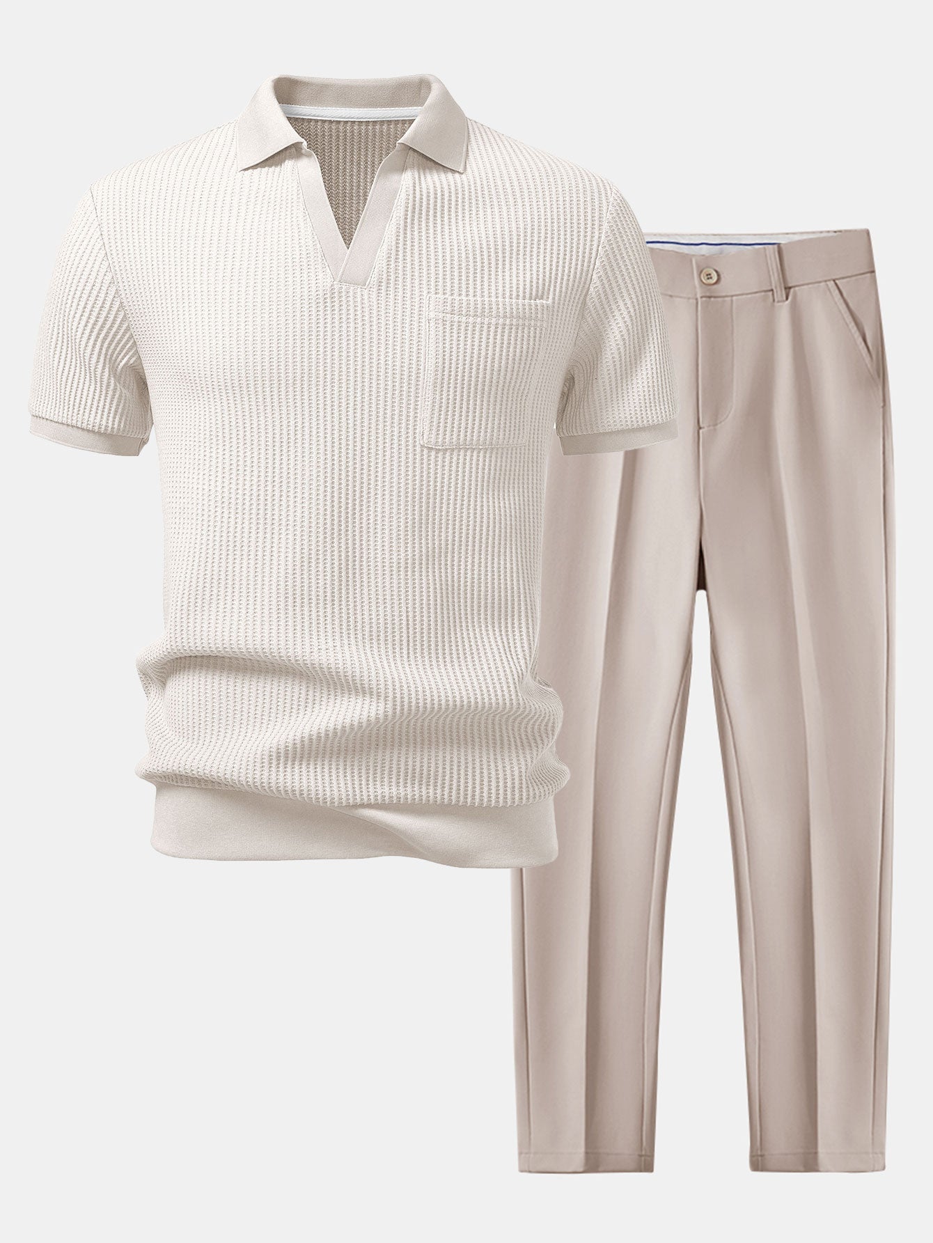 Waffle Johnny Collar Polo With Pocket & Slim Fit Tapered Trousers