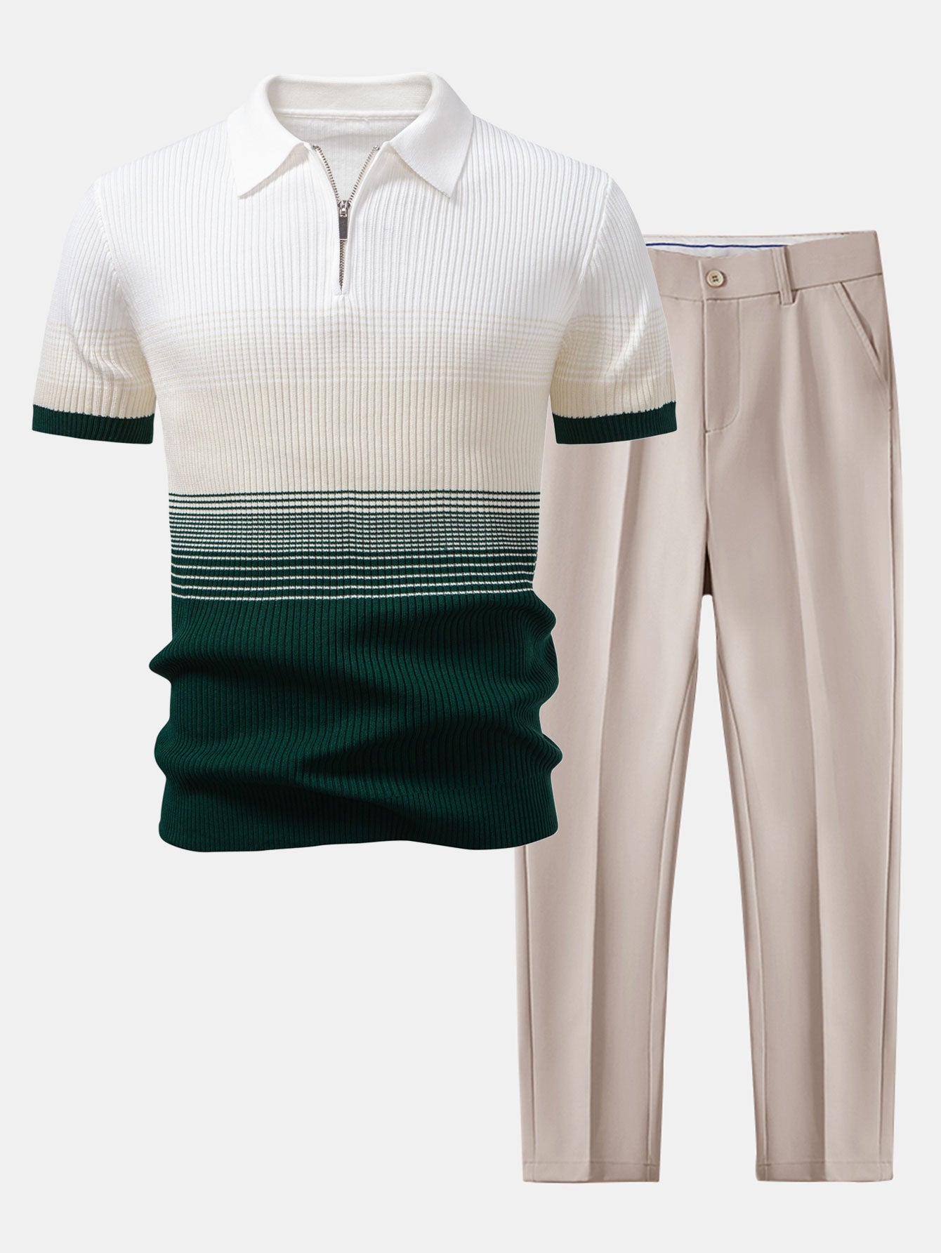 Striped Gradient Knitted Polo Shirt & Slim Fit Tapered Trousers