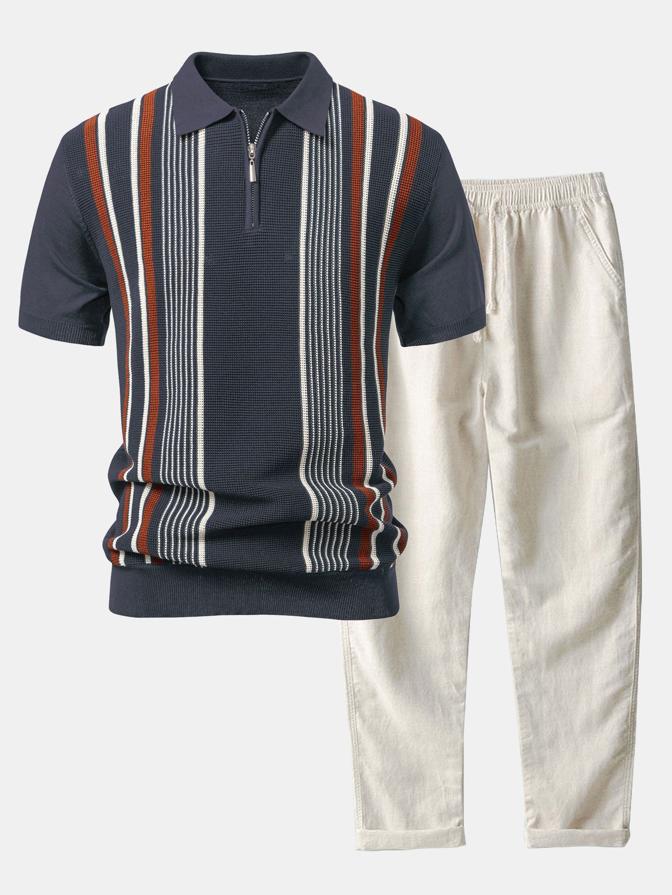 Stripe Knit Zip Up Polo Shirt & Straight Leg Linen Pants