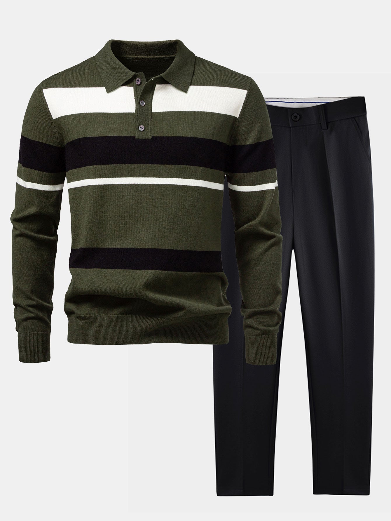 Long Sleeve Stripe Knit Polo Shirt & Slim Fit Tapered Trousers