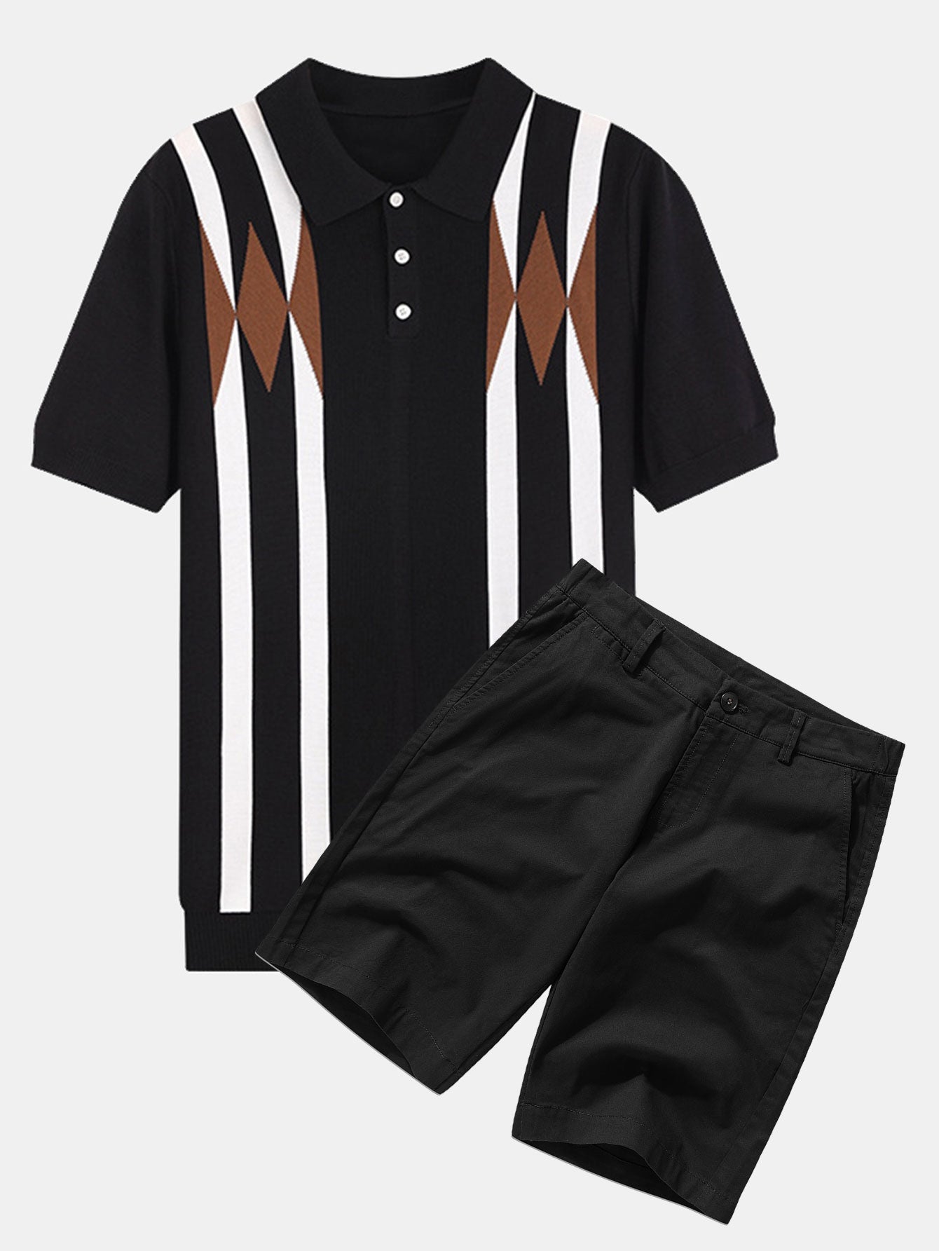 Stripe Geometric Jacquard Knitted Polo Shirt & Cotton Chino Shorts