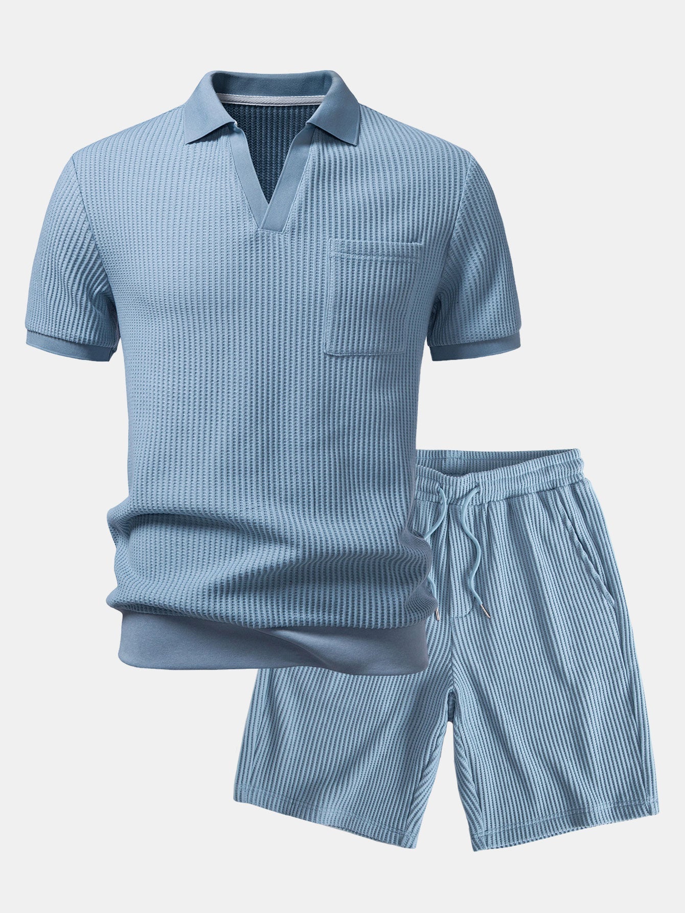 Waffle Johnny Collar Polo With Pocket & Drawstring Knitted Waffle Shorts
