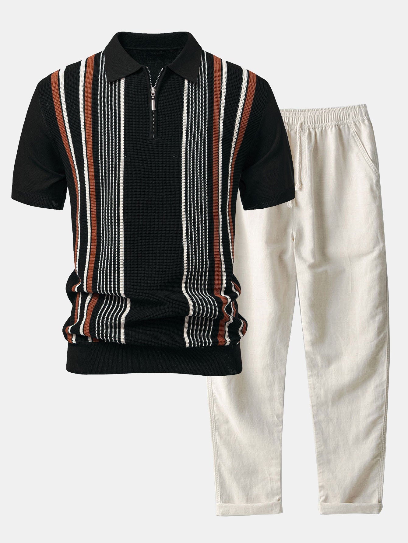 Stripe Knit Zip Up Polo Shirt & Straight Leg Linen Pants