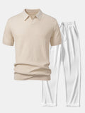 Wave Jacquard Knit V Neck Polo Shirt & Straight Leg Ribbed Pants