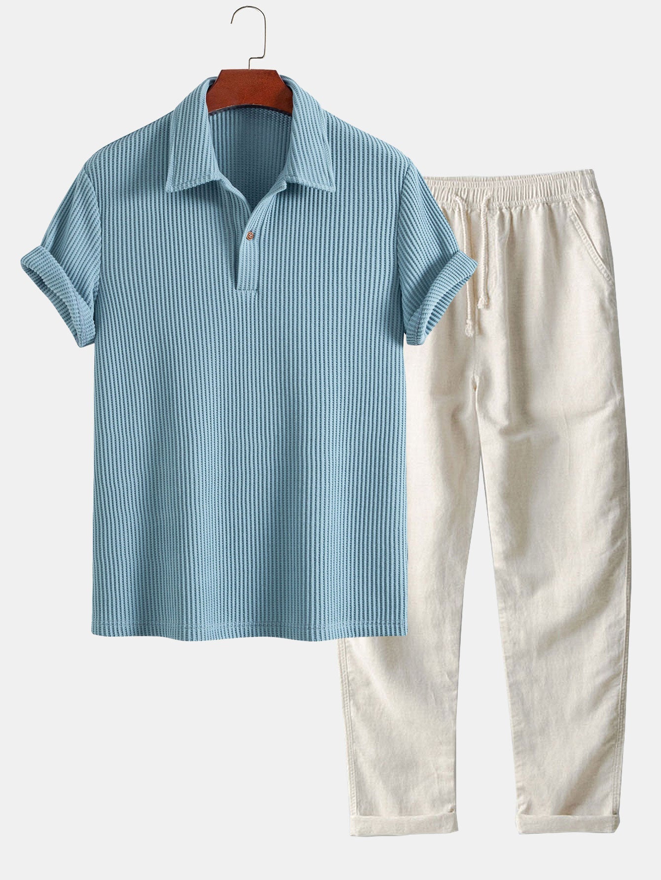 Short Sleeved Waffle Polo & Straight Leg Linen Pants