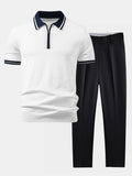 Contrast Trim Zipper Knit Polo & Slim Fit Tapered Trousers