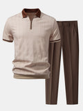 Contrast Trim Textured Zipper Knit Polo & Slim Fit Tapered Trousers