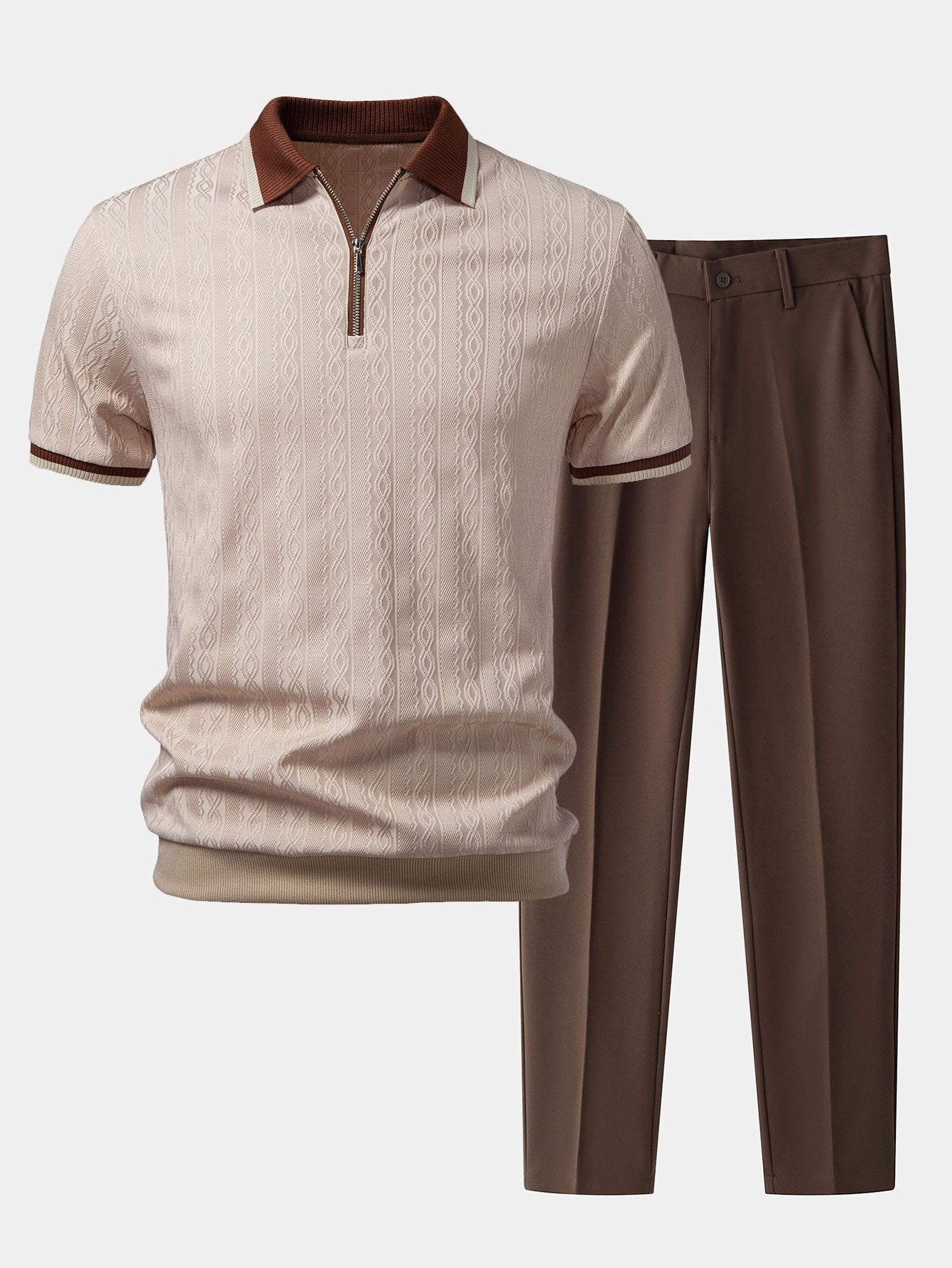 Contrast Trim Textured Zipper Knit Polo & Slim Fit Tapered Trousers