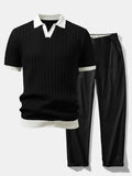 Contrast Textured Johnny Collar Knit Polo & Elastic Waist Straight Leg Trousers