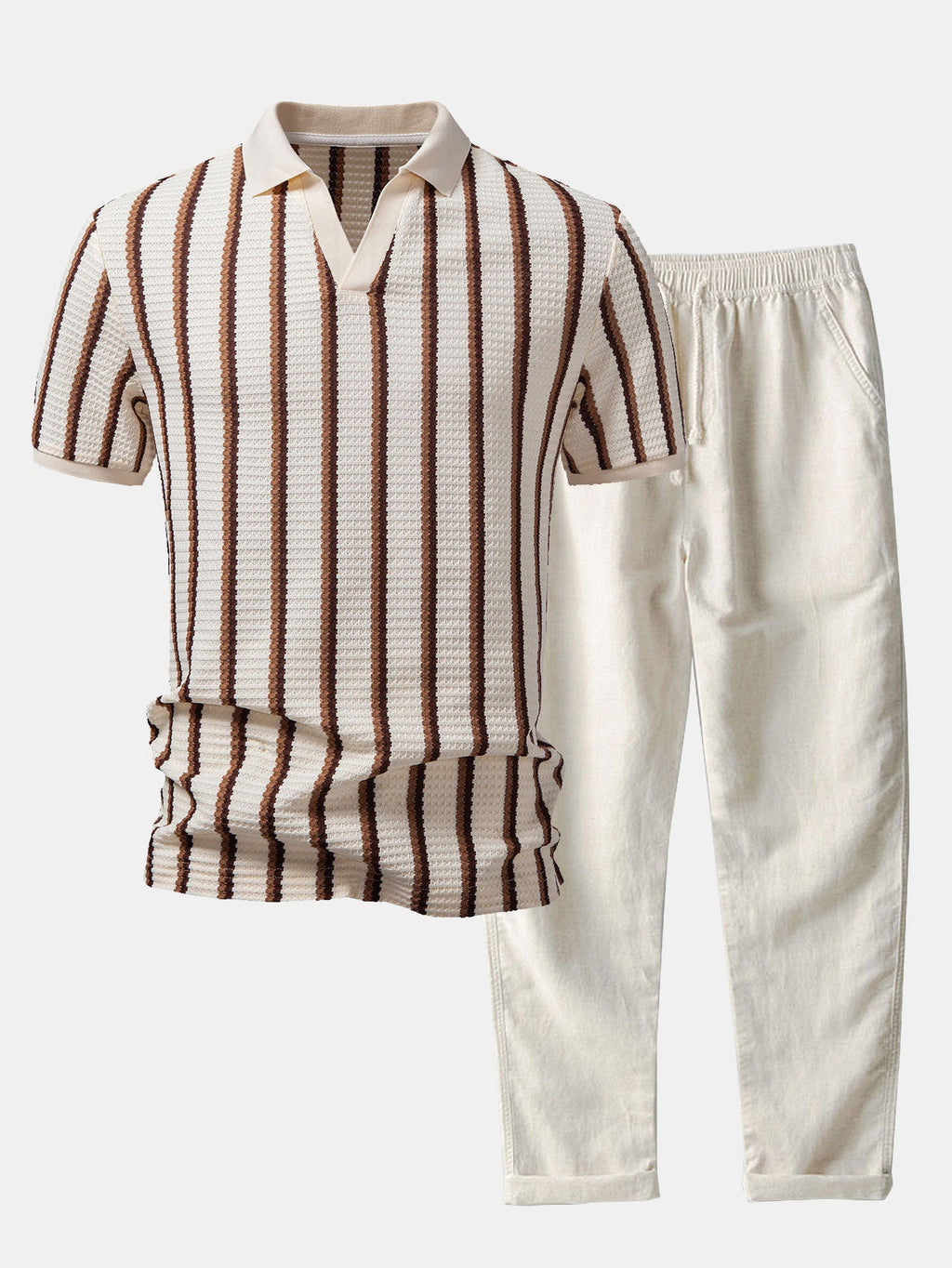 Waffle Stripe Johnny Collar Polo & Straight Leg Linen Pants
