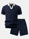 Contrast Knit Waffle Johnny Collar Polo & Drawstring Knitted Waffle Shorts
